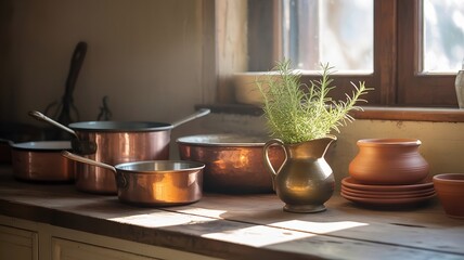 Warm sunlight bathes a cozy rustic kitchen scene, featuring antique culinary tools and pottery.