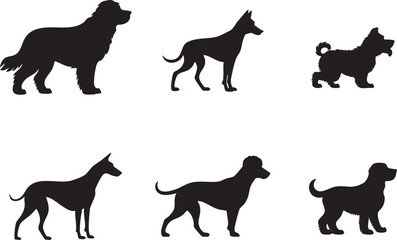 Six distinct dog breed silhouettes, in profile view, showcased against a clean white background.