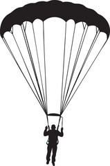 A silhouette of a person skydiving with a large black parachute open