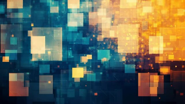 Abstract geometric pattern of glowing blue and orange squares on a digital background.