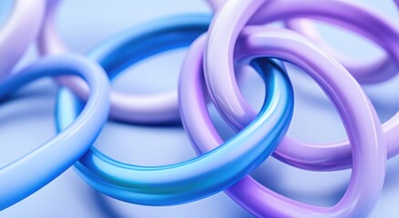 Fototapeta premium Interconnected rings in pastel shades of blue and purple. A complex, abstract design of overlapping, smooth, linked rings
