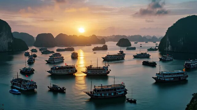 Stunning sunset over Halong Bay with boats dotting the tranquil waters, Halong Bay Vietnam landscape timelapse panoramic view of boats harbor traffic