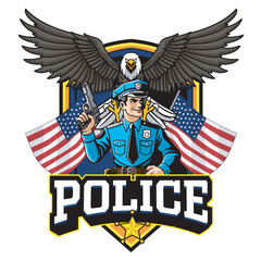Vector Illustration of Police Carrying Gun with Eagle and Flags in Retro Vector Illustration Available for Logo Badge