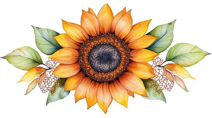 Isolated on white, elegant watercolor sunflower tattoo flash with intricate ink lace patterns, delicate petal details, and a vintage touch