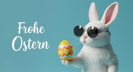 Whimsical Easter bunny with sunglasses and bow tie celebrates joyfully in pastel confetti shower.