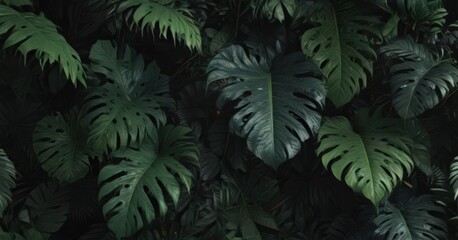 Intricate black & deep green tropical leaves, lush jungle motif , home, dark tropical