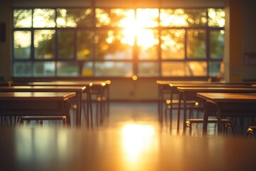 Empty classroom bathed in golden sunlight streaming through large windows.  