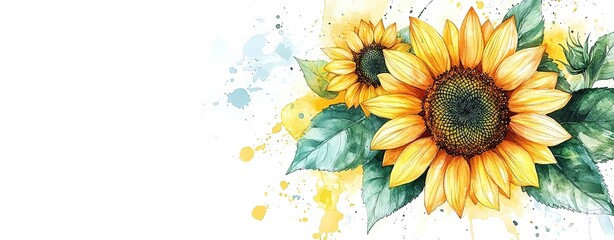 Isolated on white, vibrant watercolor sunflower tattoo flash with intricate petal details, artistic ink splashes, and ethereal brush strokes