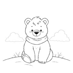 Obraz premium Cute Young Bear Line Drawing in Minimalist Black and White Coloring Book Style White Sky Clouds and Terrain