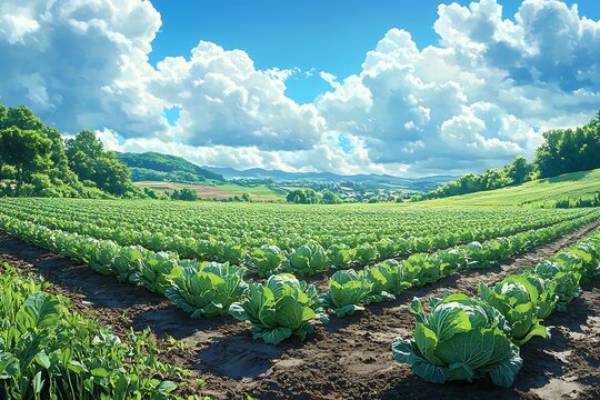 Lush cabbage field under a bright blue sky with puffy white clouds and rolling hills
