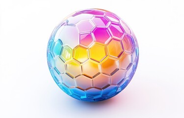 Naklejka premium A vibrant, iridescent sphere, composed of multifaceted, hexagonal panels, displaying a spectrum of colors
