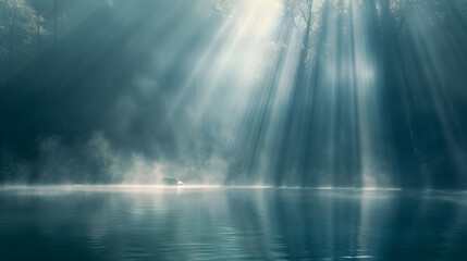 Sun rays piercing through the fog over a serene lake creating a mystical atmosphere in nature