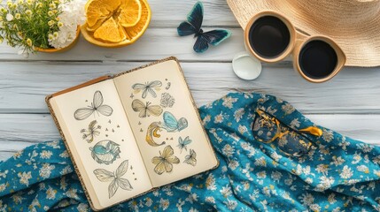 Fototapeta premium Elegant Display of Nature Sketches with Floral Accents and Accessories