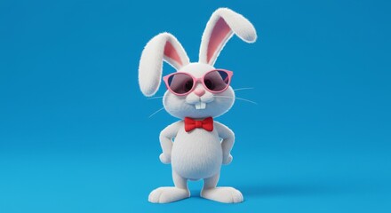 Fototapeta premium A cute Easter bunny with sunglasses gives a thumbs up on a spring green background for the holiday.