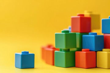 Colorful building blocks arranged in a  pyramid on a yellow background.  A single block is slightly offset
