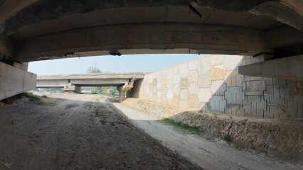 View from Beneath a Concrete Road Bridge in Rural Area