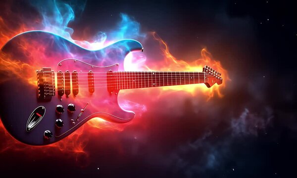 Electric guitar enveloped in vibrant, fiery and ethereal blue light against dark backdrop