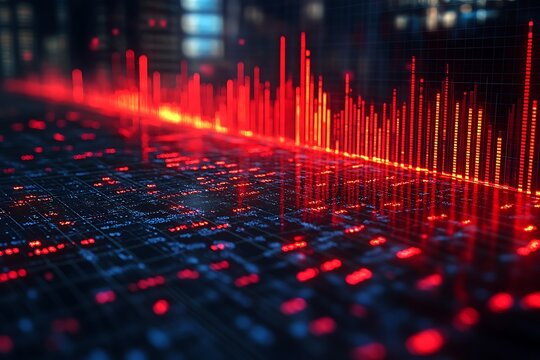 Dynamic red data visualization representing digital information and processing in a complex network