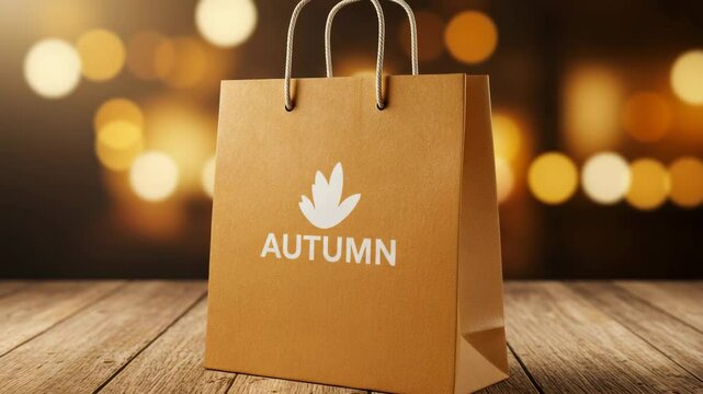 Shopping bag with autumn branding on wooden table with bokeh lights  