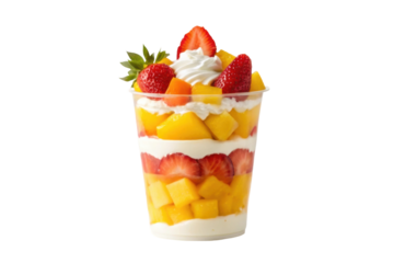 PNG Colorful fruit parfait with strawberries, mango, and whipped cream in a clear cup