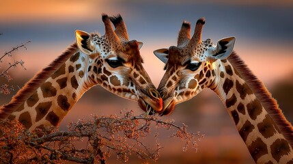 Giraffes playfully interact during sunset in savanna wildlife photography natural habitat vibrant colors