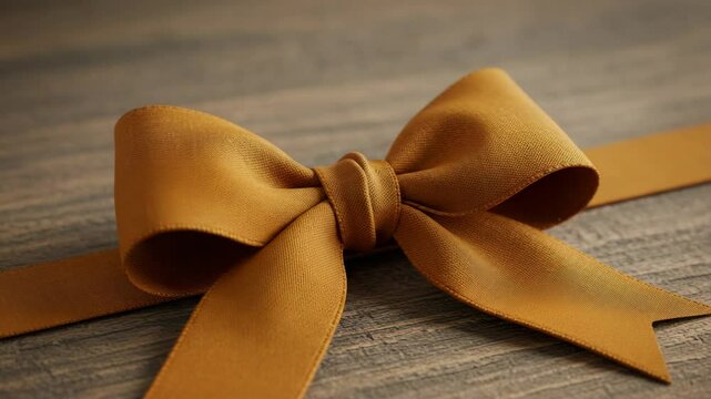 Golden satin bow placed on wooden surface  