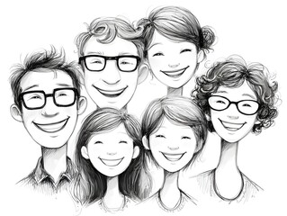A happy diverse family portrait illustration shows five smiling people with glasses and short hair in a close-knit group.