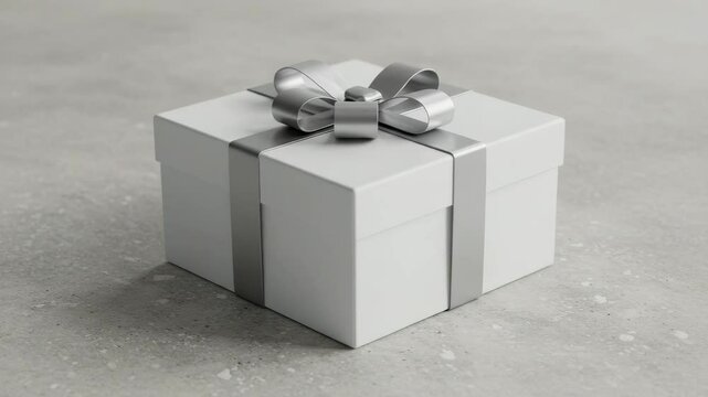 Elegant white gift box with silver ribbon on a grey surface  