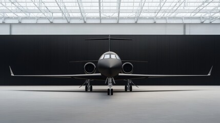 Fototapeta premium A matte black airplane with sharp edges in a high-tech hangar, crisp lighting, copy space at the bottom, bold