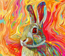 an abstract drawing of a rabbit with colorful lines, precisionist lines, light red and indigo, colorful turbulence with mixed pattern colorful background