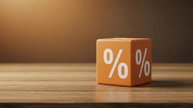 Orange percentage cube on wooden surface with soft lighting  