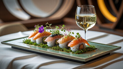 Exquisite sushi arrangement with fresh salmon and a glass of sparkling white wine on a table.