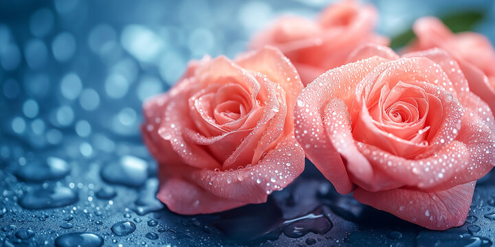 A close up of two pink roses with water droplets on them