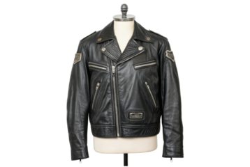 PNG Classic black leather jacket on mannequin with stud details and patches