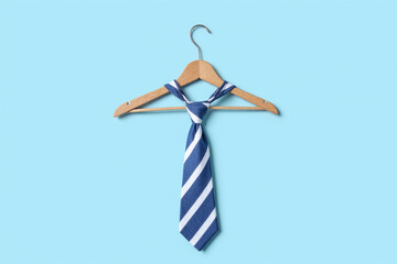 striped tie hanging on a wooden hanger on a blue wall