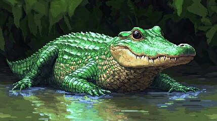 Fototapeta premium A green alligator resting in shallow water near lush vegetation in a pixel art style image