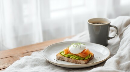 Breakfast toast with smoked salmon, avocado, and poached egg.