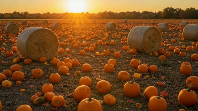 Pumpkin field with orange pumpkins and hay bales at sunset  