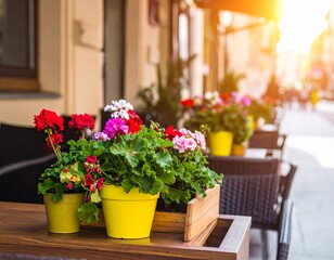 Sunny cafe flowers, outdoor seating
