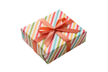 PNG Colorful striped gift box with orange ribbon on black background