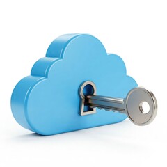 Blue cloud with silver key in lock symbolizing cloud security