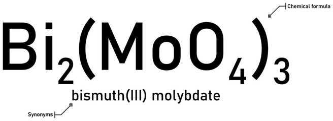 Bismuth(III) molybdate chemical formula and synonyms with callout titles