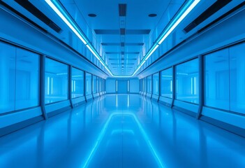 Naklejka premium Sleek blue-lit corridor, minimalist architecture, tech-inspired design, backdrop, artificial light