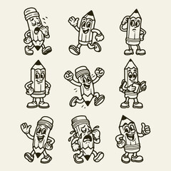 Vintage Pencil Mascot Set, Cartoon Character Vector with Various Expressions and Poses