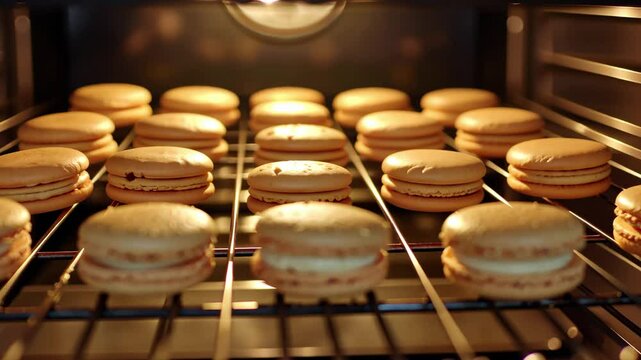Perfectly baked macarons rising in the oven on a baking rack during the pastry preparation process, Baking macarons in the oven view from the inside of the oven Cooking in the oven