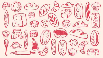 Bread Bakery, Bakery Logo, bakery shop, Loaf Bread, hand drawn bread, sourdough, baguette, white bread, challah, cookies, boule, pastry in SVG Vector	