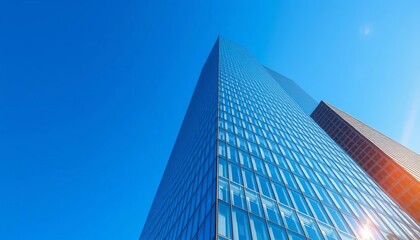 Sleek glass skyscraper gleaming under vibrant blue sky,  metropolis,  building