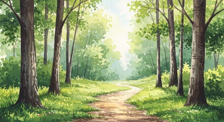 Serene watercolor painting of a winding path through a lush green forest with sunlight filtering through the trees