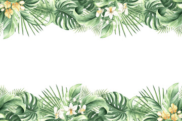 Watercolor tropical leaves and orchid flowers isolated frame. Postcard rainforest template with copy space. Hand drawn illustration of monstera, phalaenopsis and lush foliage of exotic jungle plants.
