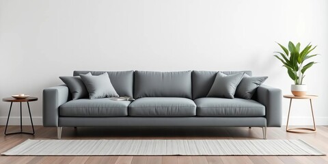 Sleek grey fabric sofa, minimalist design, modern living room furniture,  product photography,  furniture photography